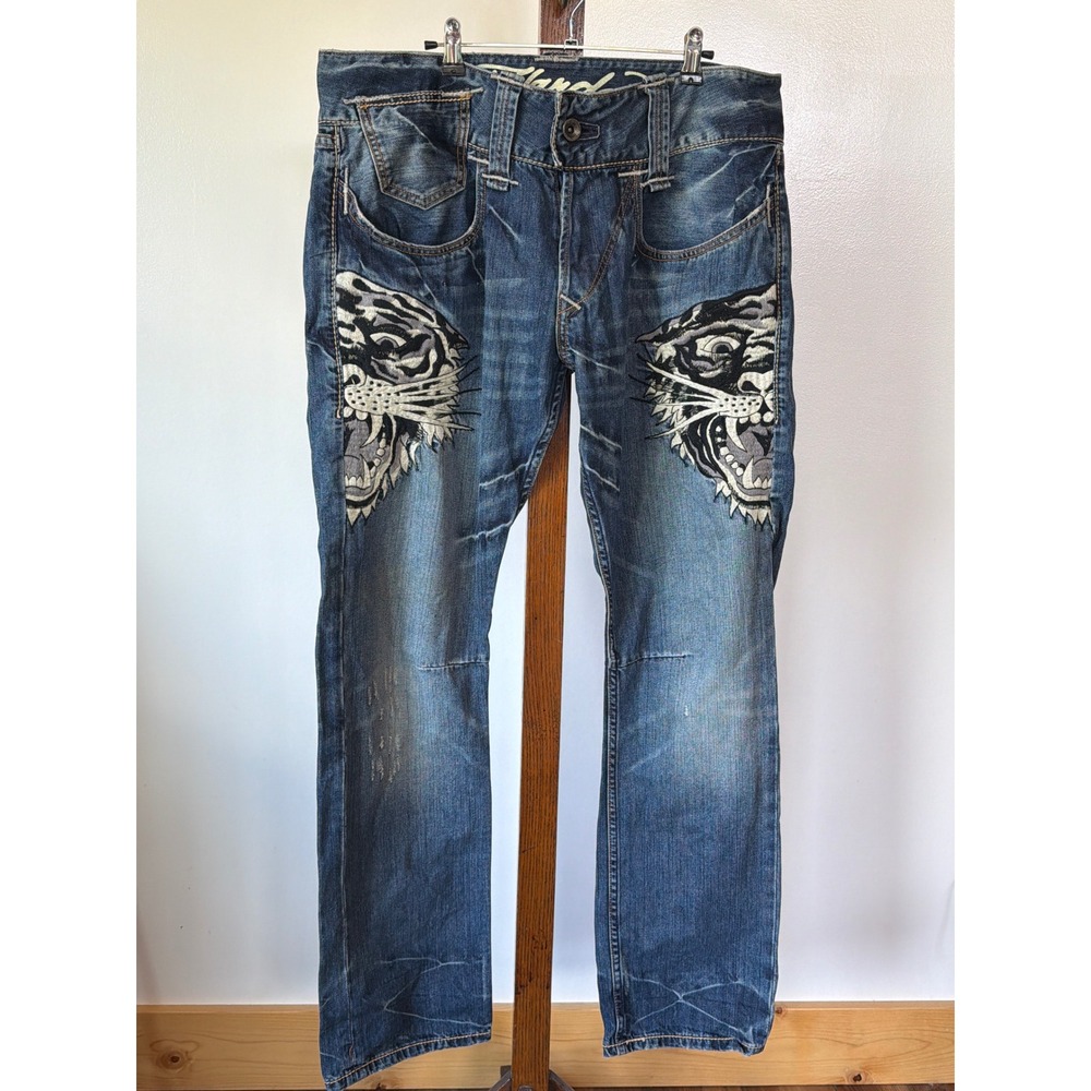 Ed Hardy Mens Tiger Embroidered Distressed Straight Leg Blue Jeans 38x34 Edgy